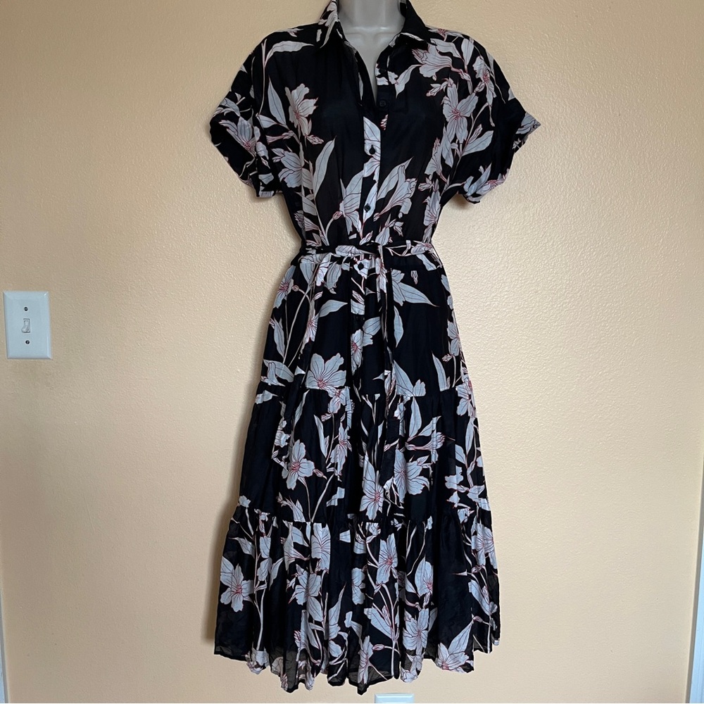 Ralph Lauren Prairie Dress Midi Silk Blend Buttons Tiered 6 Floral Black White